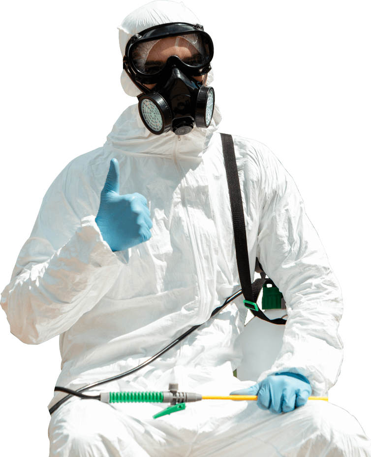 cleaning specialist in hazmat suit and respirator